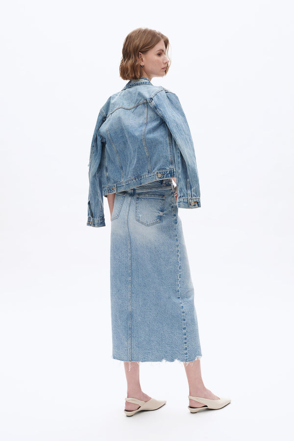 Front Slit Midi Denim Skirt-Skirts-BAYEAS