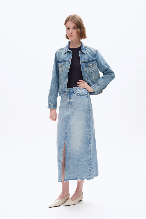 Front Slit Midi Denim Skirt-Skirts-BAYEAS