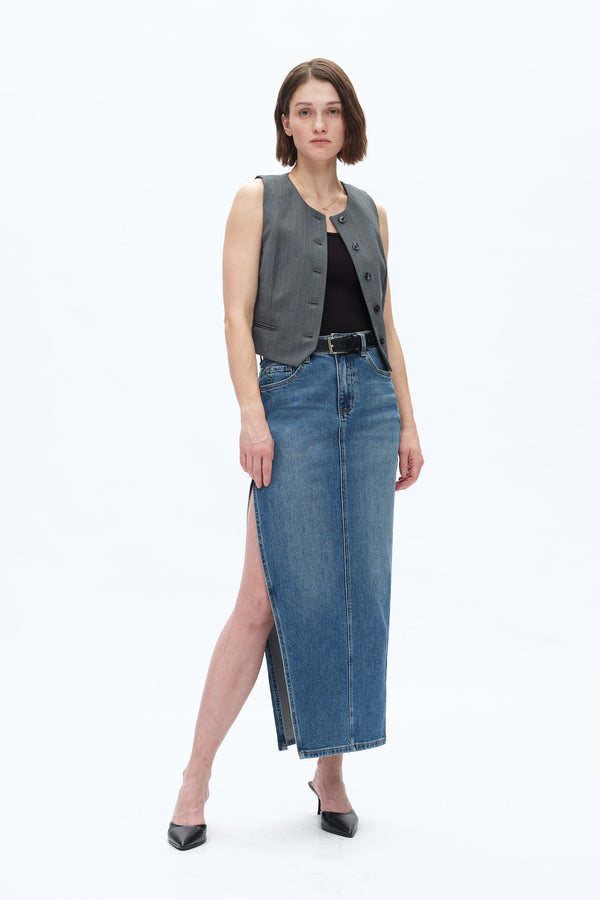 Denim Skirts With Side Slit-Skirts-BAYEAS