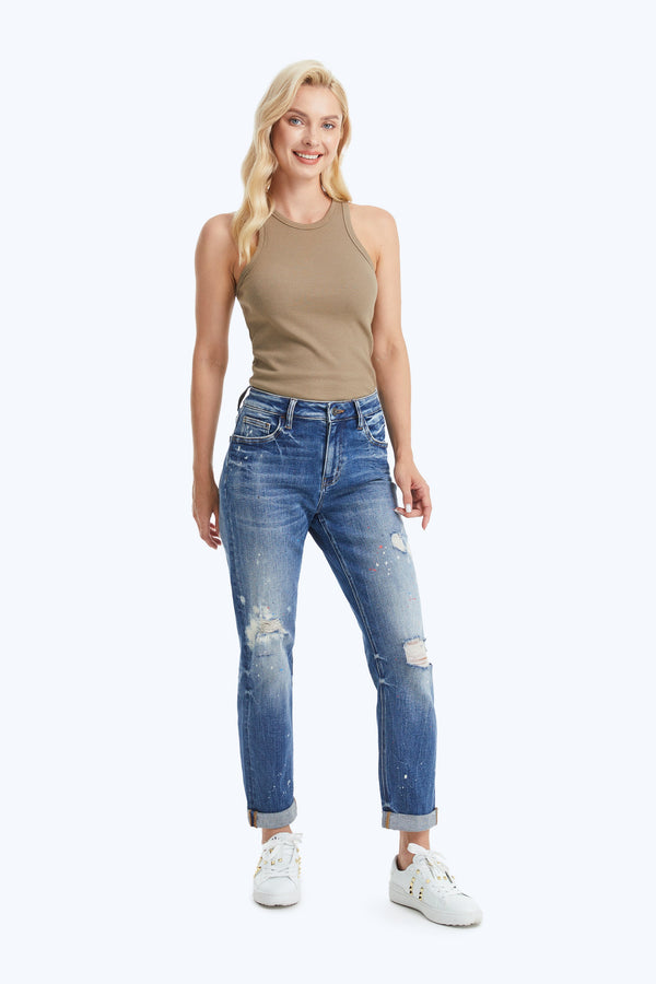 High Rise Painted Mom Denim Jeans-Mom Jeans-BAYEAS