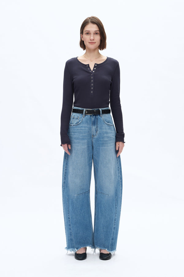 Frayed Hems Drop Crotch Barrel Jeans-Barrel-BAYEAS