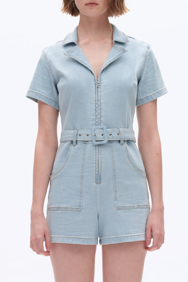 Denim Mini Rompers with Pockets-Rompers-BAYEAS