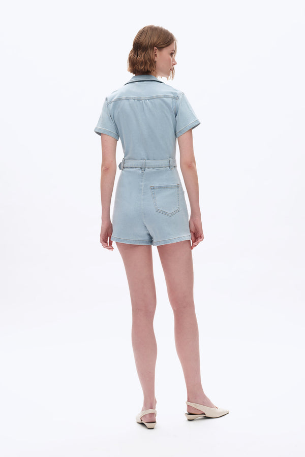 Denim Mini Rompers with Pockets-Rompers-BAYEAS