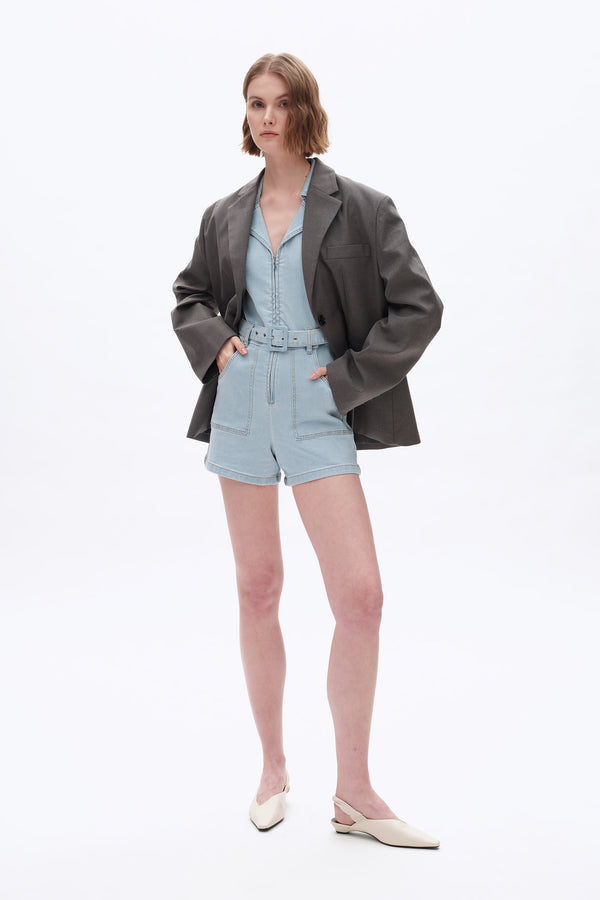 Denim Mini Rompers with Pockets-Rompers-BAYEAS