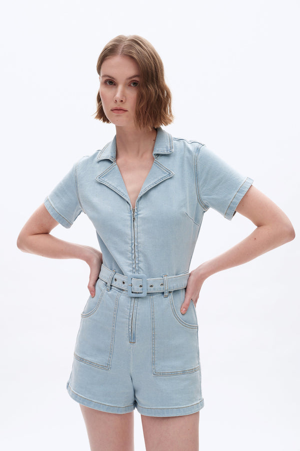 Denim Mini Rompers with Pockets-Rompers-BAYEAS