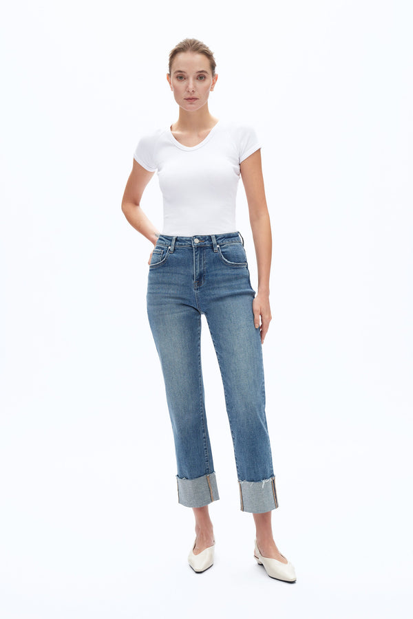 High Rise Jeans With Rolled Hem-Straight-BAYEAS