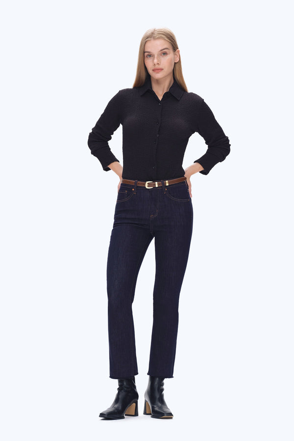 High Rise Raw Hem Straight Denim Jeans-Straight-BAYEAS