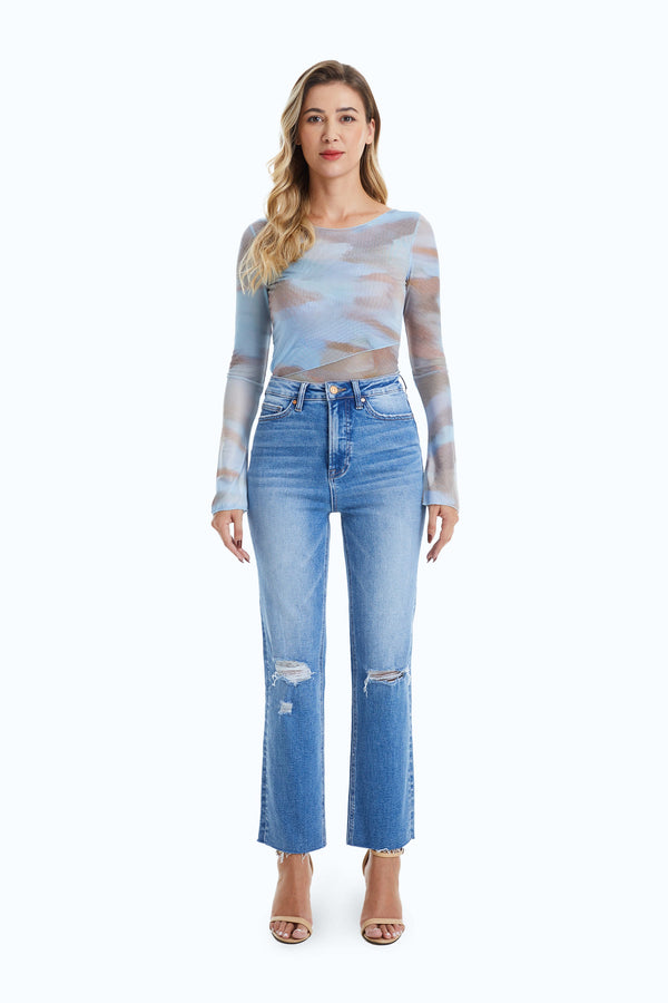 Butt Lifting Distressed Jeans-Straight-BAYEAS
