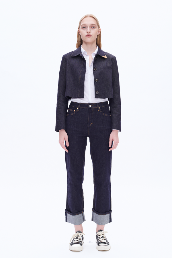 High Rise Straight Cuffed Denim Jeans-Straight-BAYEAS