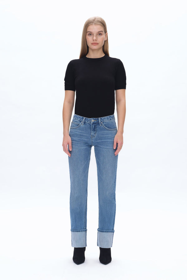 Yoyo Mid Rise Cuffed Straight Denim Jeans-Straight-BAYEAS