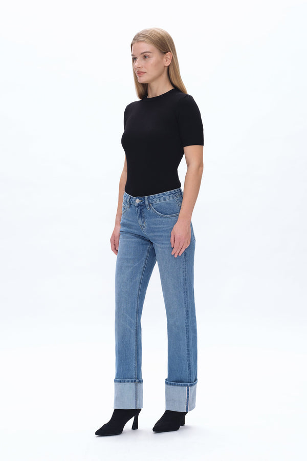 Yoyo Mid Rise Cuffed Straight Denim Jeans-Straight-BAYEAS
