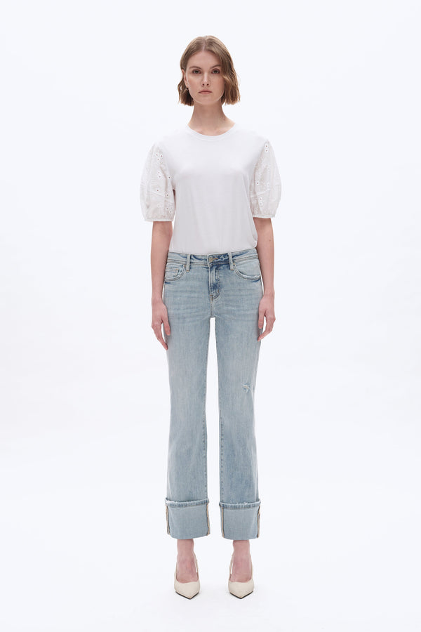 Flora Mid Rise Straight Cuffed Denim Jeans-Straight-BAYEAS
