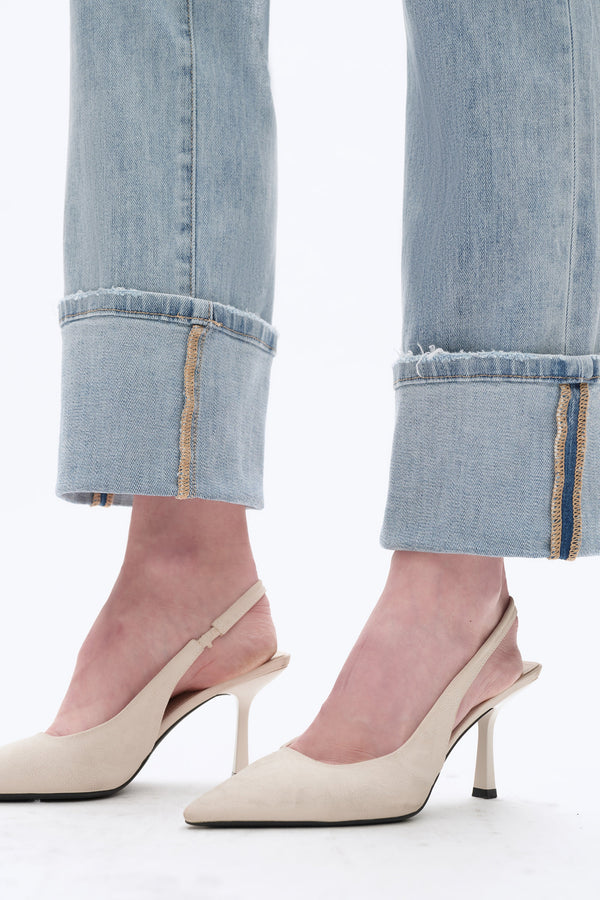 Flora Mid Rise Straight Cuffed Denim Jeans-Straight-BAYEAS