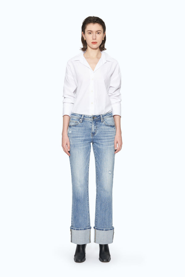 Flora Mid Rise Straight Cuffed Denim Jeans-Straight-BAYEAS