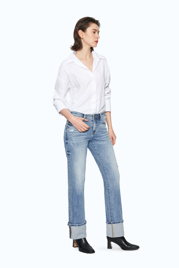 Flora Mid Rise Straight Cuffed Denim Jeans-Straight-BAYEAS