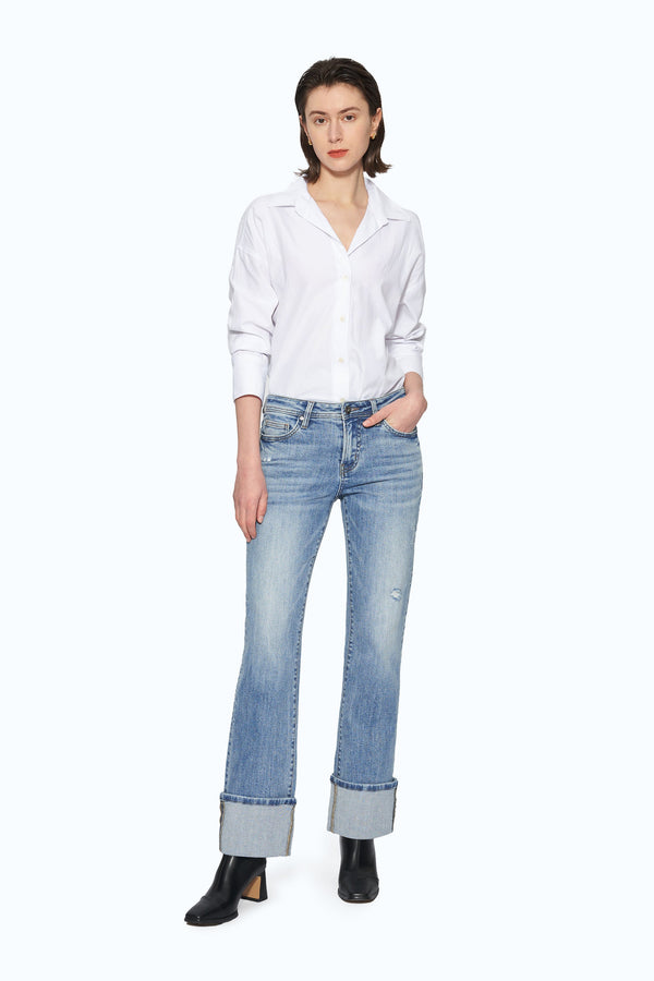 Flora Mid Rise Straight Cuffed Denim Jeans-Straight-BAYEAS