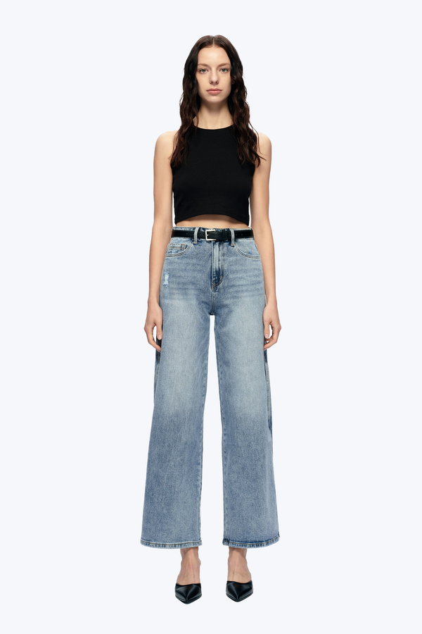 High Rise Wide Leg Denim Jeans With Slit-Wide Leg-BAYEAS
