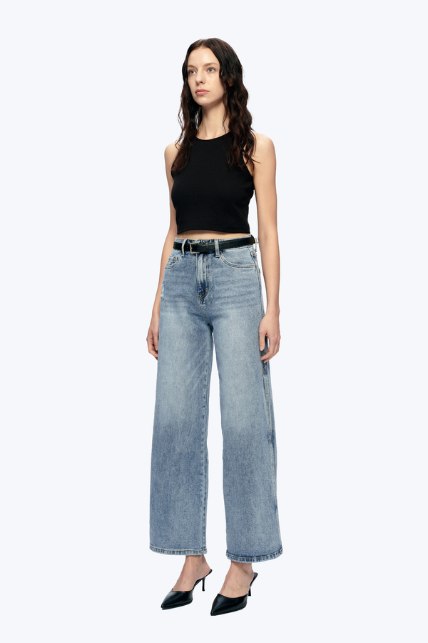 High Rise Wide Leg Denim Jeans With Slit-Wide Leg-BAYEAS