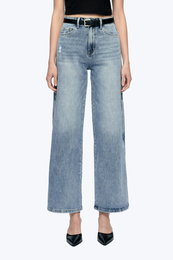 High Rise Wide Leg Denim Jeans With Slit-Wide Leg-BAYEAS