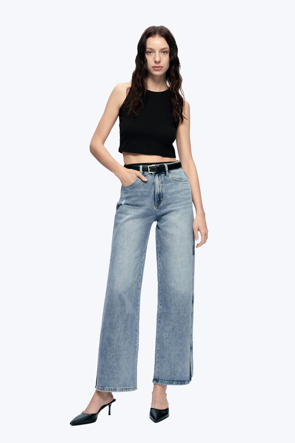 High Rise Wide Leg Denim Jeans With Slit-Wide Leg-BAYEAS