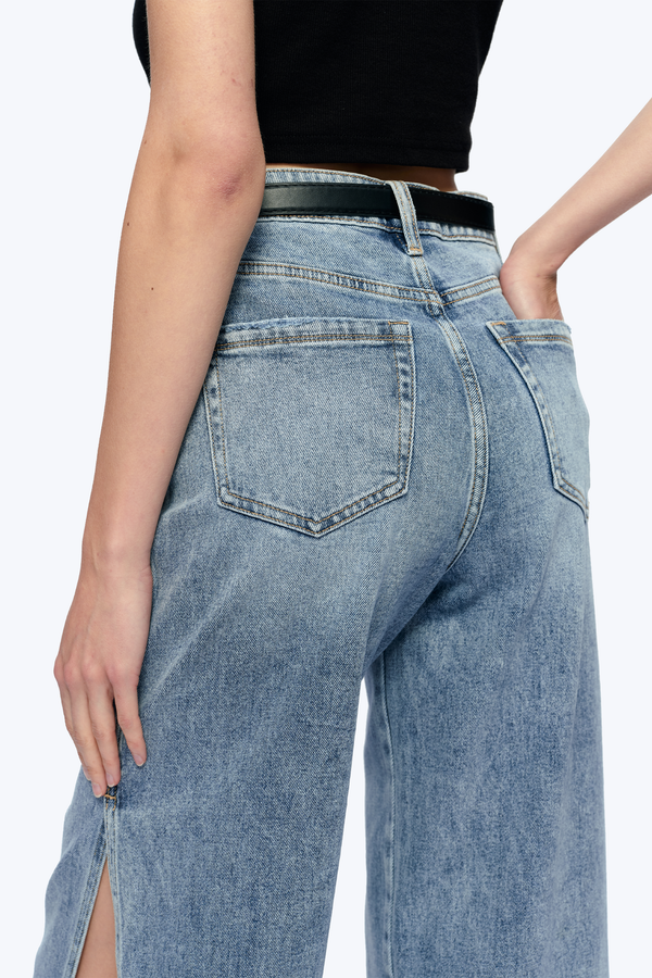 High Rise Wide Leg Denim Jeans With Slit-Wide Leg-BAYEAS