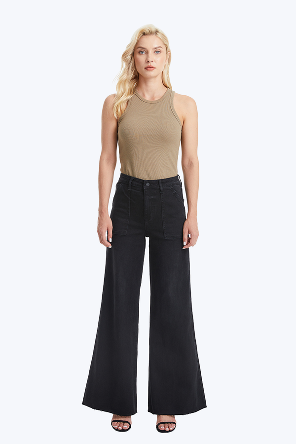 Utility Patch Pocket Wide Leg Denim Jeans-Wide Leg-BAYEAS