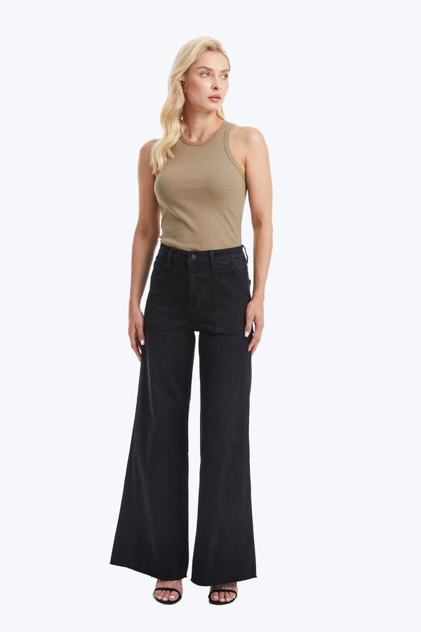 Utility Patch Pocket Wide Leg Denim Jeans-Wide Leg-BAYEAS