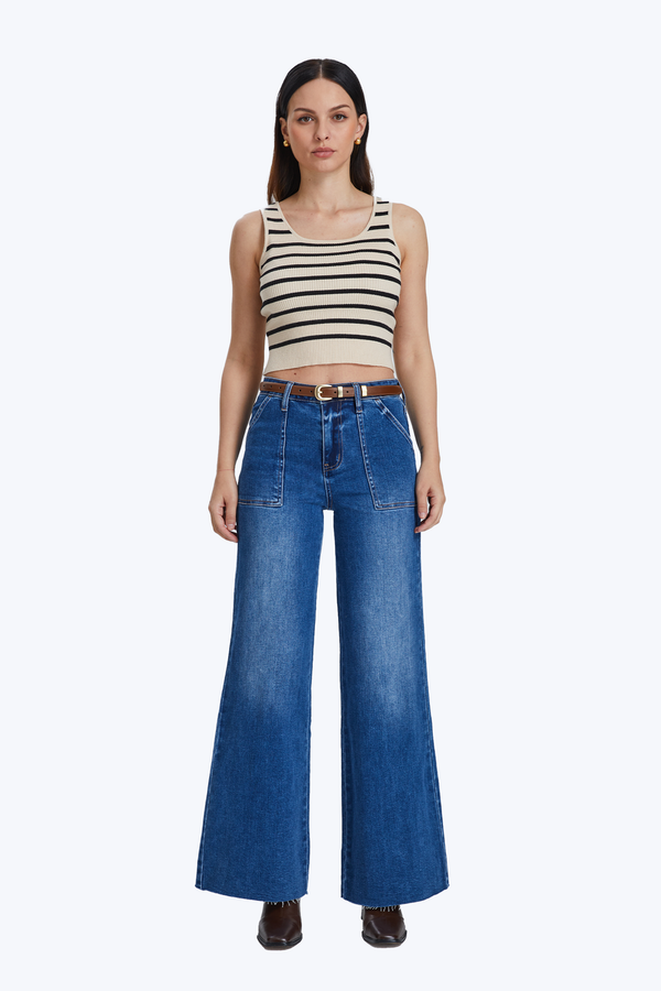 Utility Patch Pocket Wide Leg Denim Jeans-Wide Leg-BAYEAS