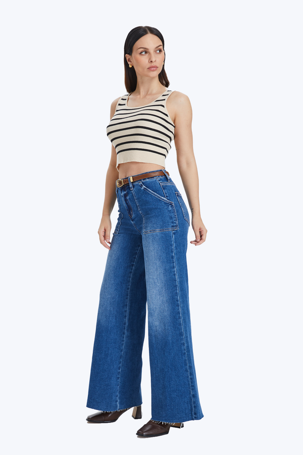 Utility Patch Pocket Wide Leg Denim Jeans-Wide Leg-BAYEAS