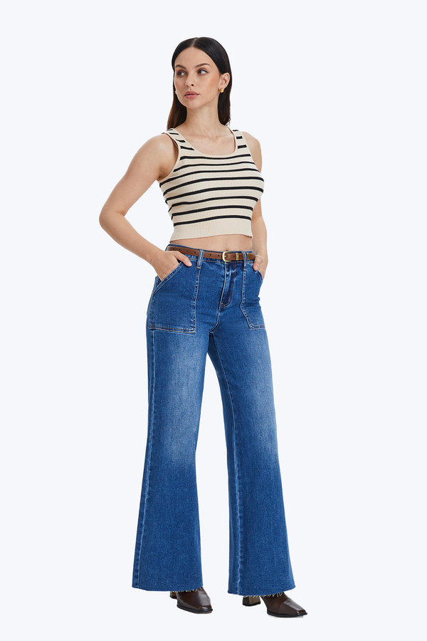 Utility Patch Pocket Wide Leg Denim Jeans-Wide Leg-BAYEAS