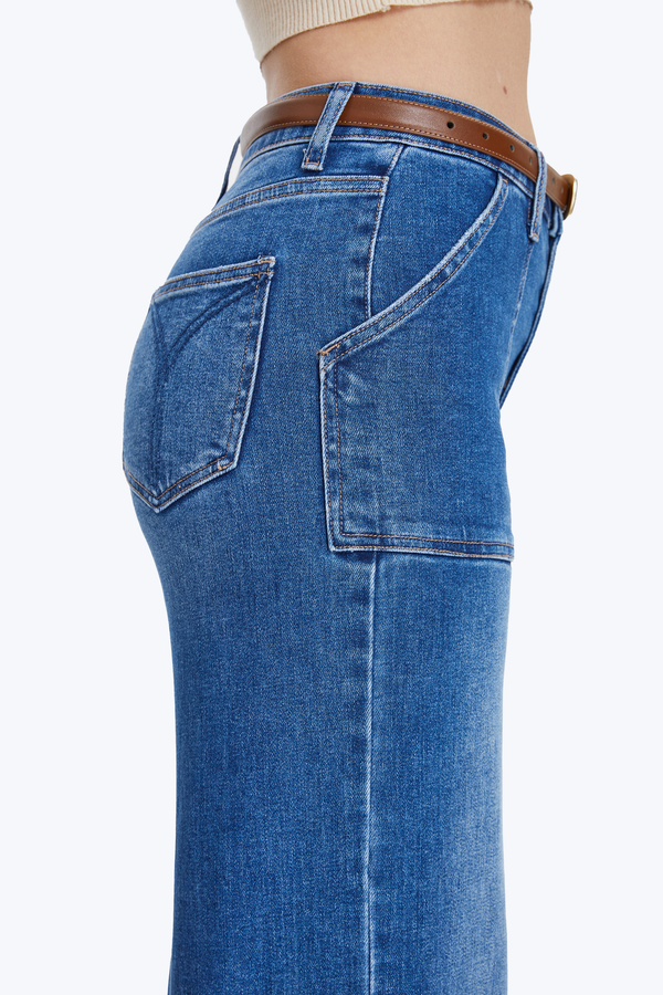 Utility Patch Pocket Wide Leg Denim Jeans-Wide Leg-BAYEAS
