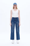 High Rise Cargo Wide Leg Denim Jeans-Wide Leg-BAYEAS