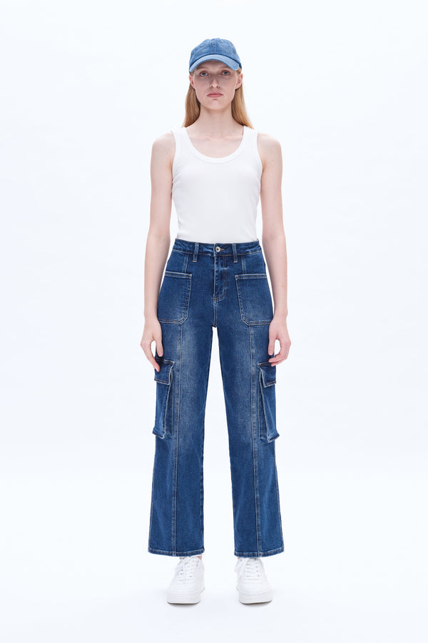 High Rise Cargo Wide Leg Denim Jeans-Wide Leg-BAYEAS