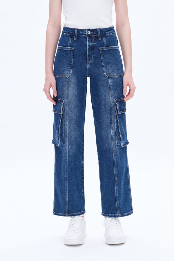 High Rise Cargo Wide Leg Denim Jeans-Wide Leg-BAYEAS