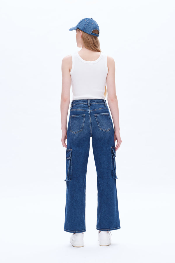 High Rise Cargo Wide Leg Denim Jeans-Wide Leg-BAYEAS