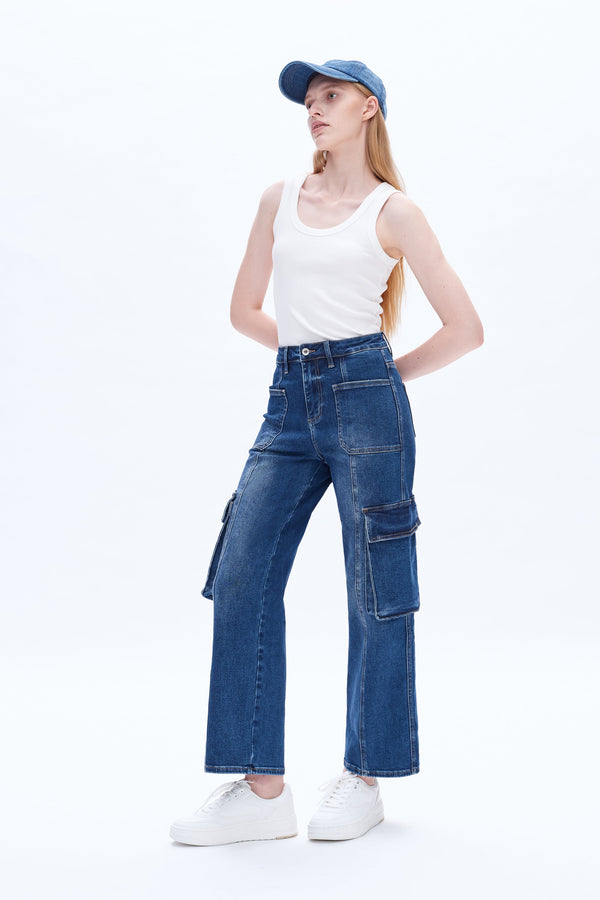 High Rise Cargo Wide Leg Denim Jeans-Wide Leg-BAYEAS