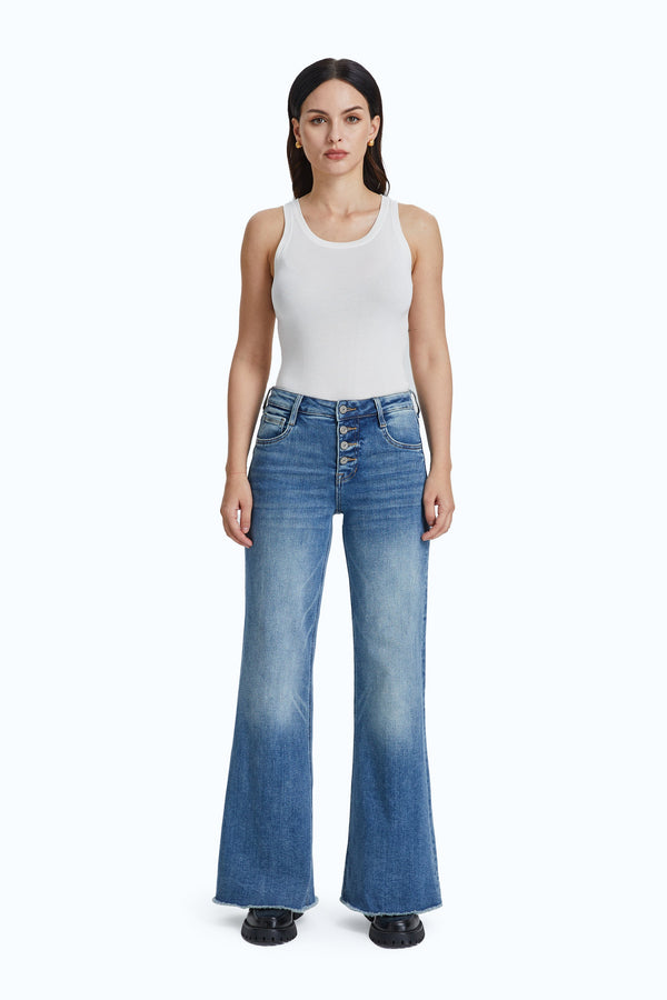 High Rise Wide Leg Denim Jeans With Frayed Hem-Wide Leg-BAYEAS