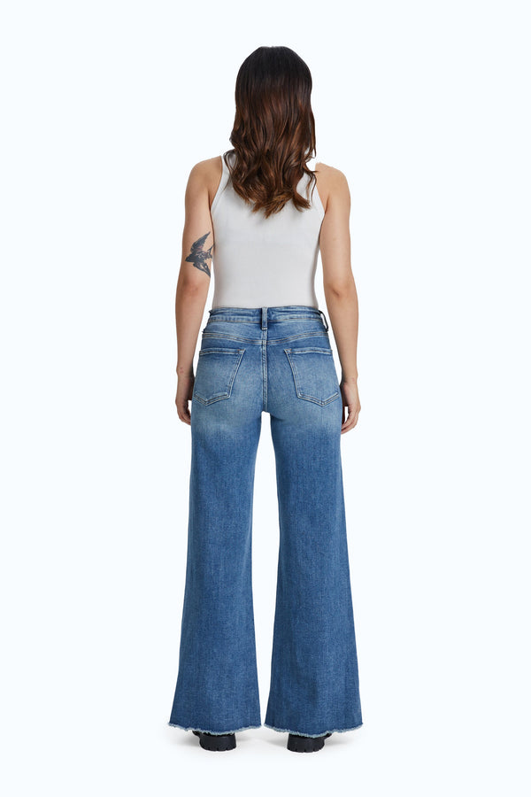 High Rise Wide Leg Denim Jeans With Frayed Hem-Wide Leg-BAYEAS