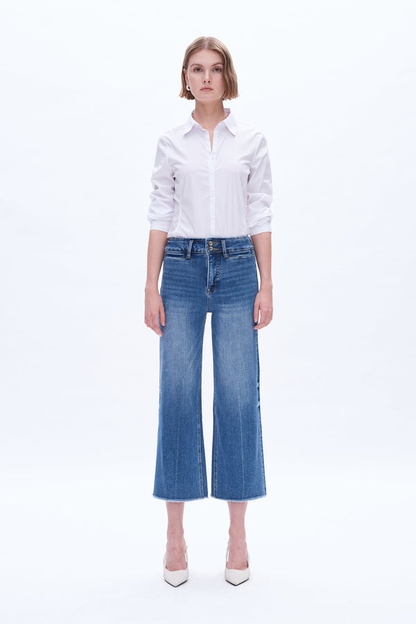 High Rise Wide Leg Denim Jeans With Raw Hem-Wide Leg-BAYEAS