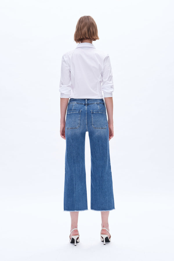 High Rise Wide Leg Denim Jeans With Raw Hem-Wide Leg-BAYEAS