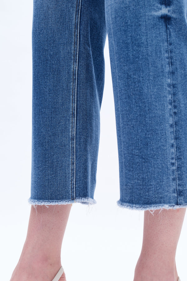 High Rise Wide Leg Denim Jeans With Raw Hem-Wide Leg-BAYEAS