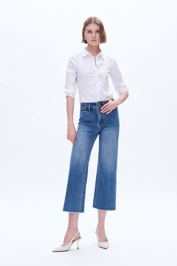 High Rise Wide Leg Denim Jeans With Raw Hem-Wide Leg-BAYEAS
