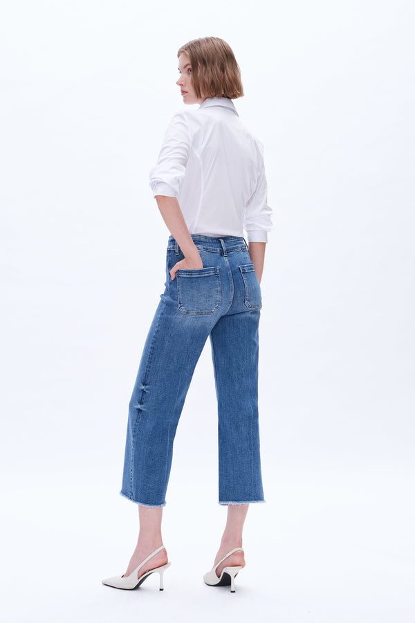 High Rise Wide Leg Denim Jeans With Raw Hem-Wide Leg-BAYEAS