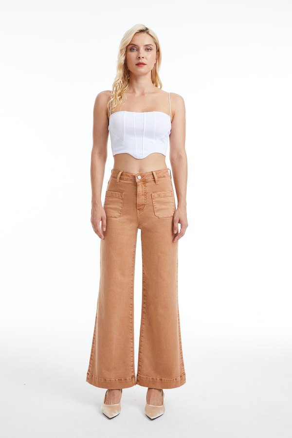 Luna High Rise Wide Leg Denim Jeans With Patch Pocket-Wide Leg-BAYEAS