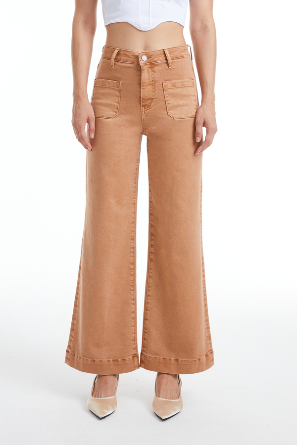 Luna High Rise Wide Leg Denim Jeans With Patch Pocket-Wide Leg-BAYEAS