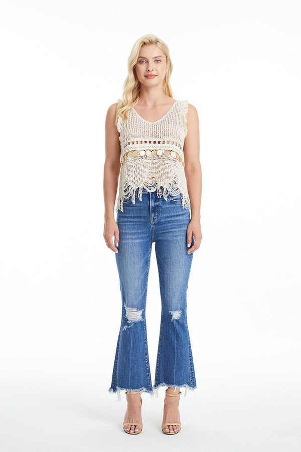 High Rise Flare Jeans With Frayed Hem-Flare & Bootcut-BAYEAS