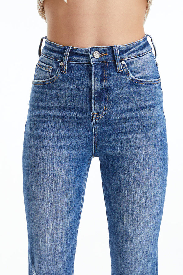 High Rise Flare Jeans With Frayed Hem-Flare & Bootcut-BAYEAS