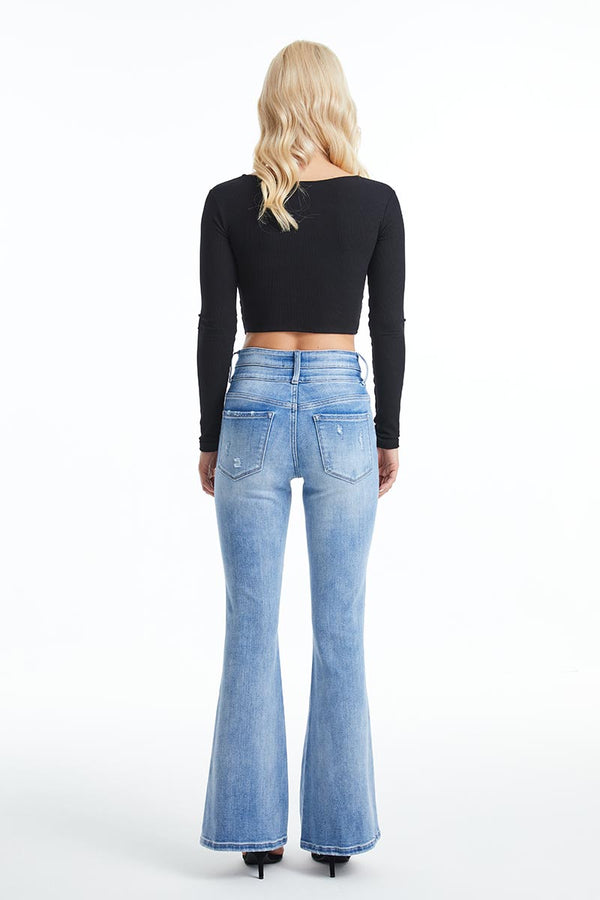 High Rise Distressed Flare Jeans-Flare & Bootcut-BAYEAS