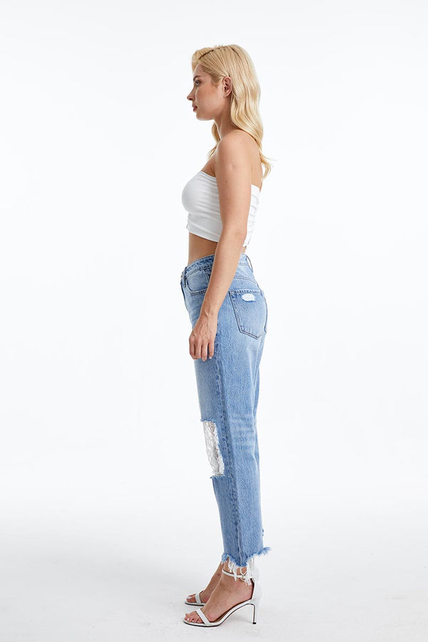 Lace-Ripped Knee Cropped Jeans-Straight-BAYEAS