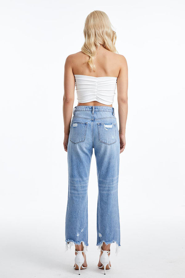 Lace-Ripped Knee Cropped Jeans-Straight-BAYEAS